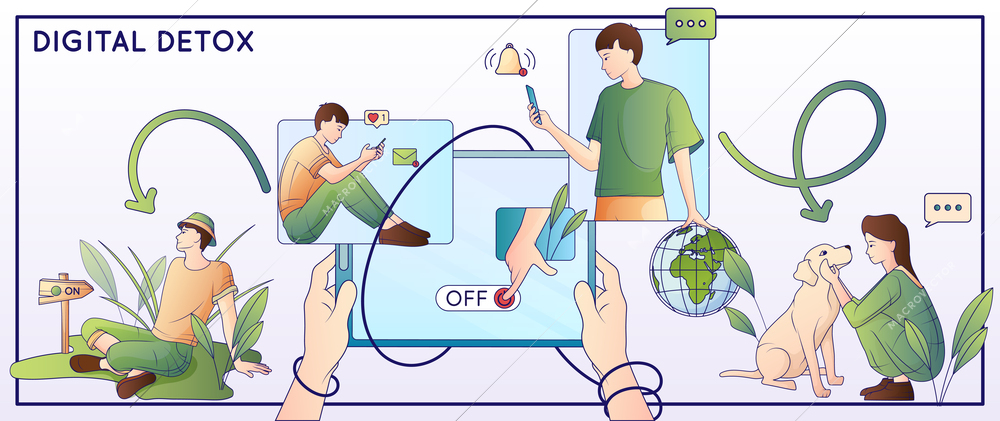 Digital detoxing flat line composition with gadgets and cartoon human characters relaxing outdoors playing with dog vector illustration