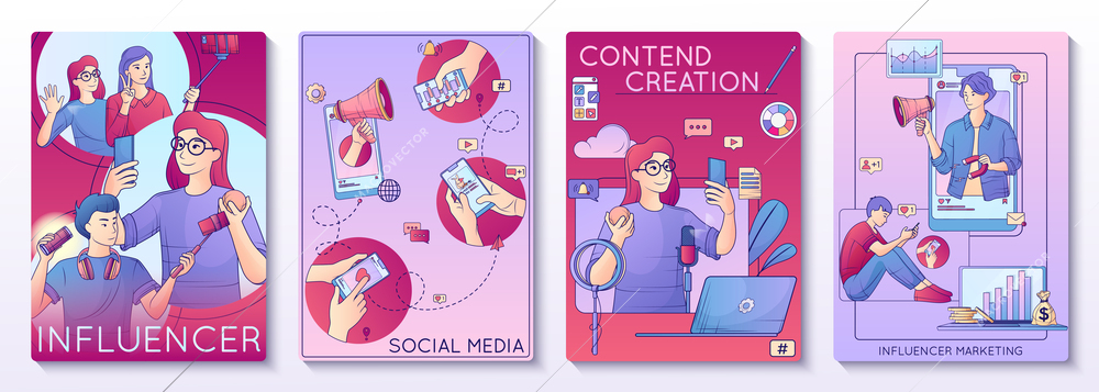 Influencer marketing flat line set of vertical compositions with cartoon style human characters gadgets and text vector illustration