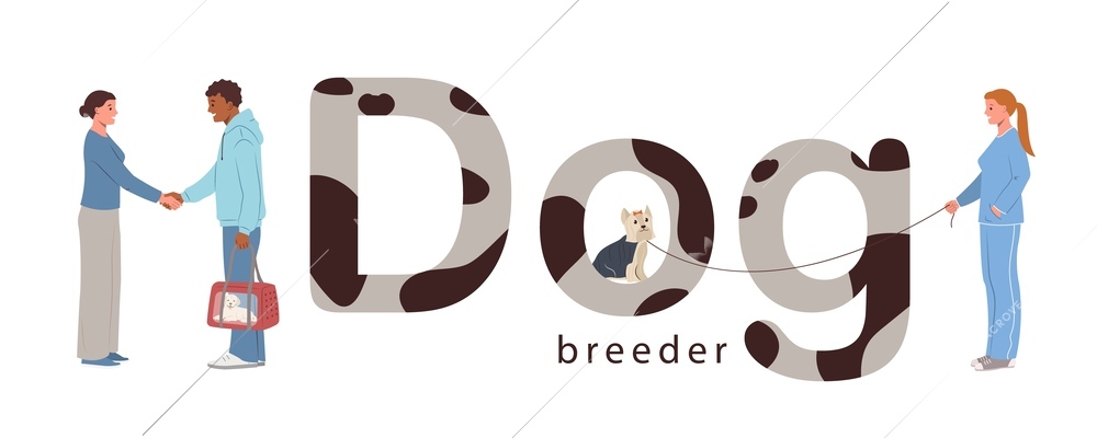 Dog breeder business composition of flat text with fur spots and two human characters shaking hands vector illustration