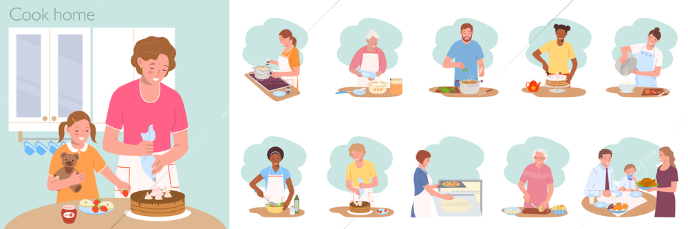 Cook home flat composition with daughter and mother cooking cake and set of similar isolated compositions vector illustration