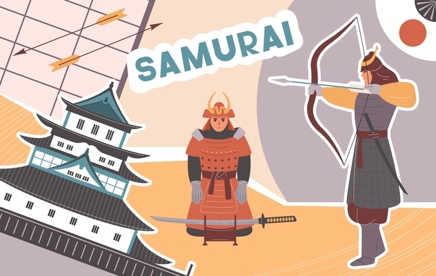 Samurai flat collage with male warriors in traditional japan clothes vector illustration