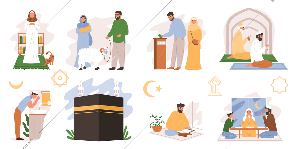 Islam religion flat icons set with people doing spiritual rituals isolated vector illustration