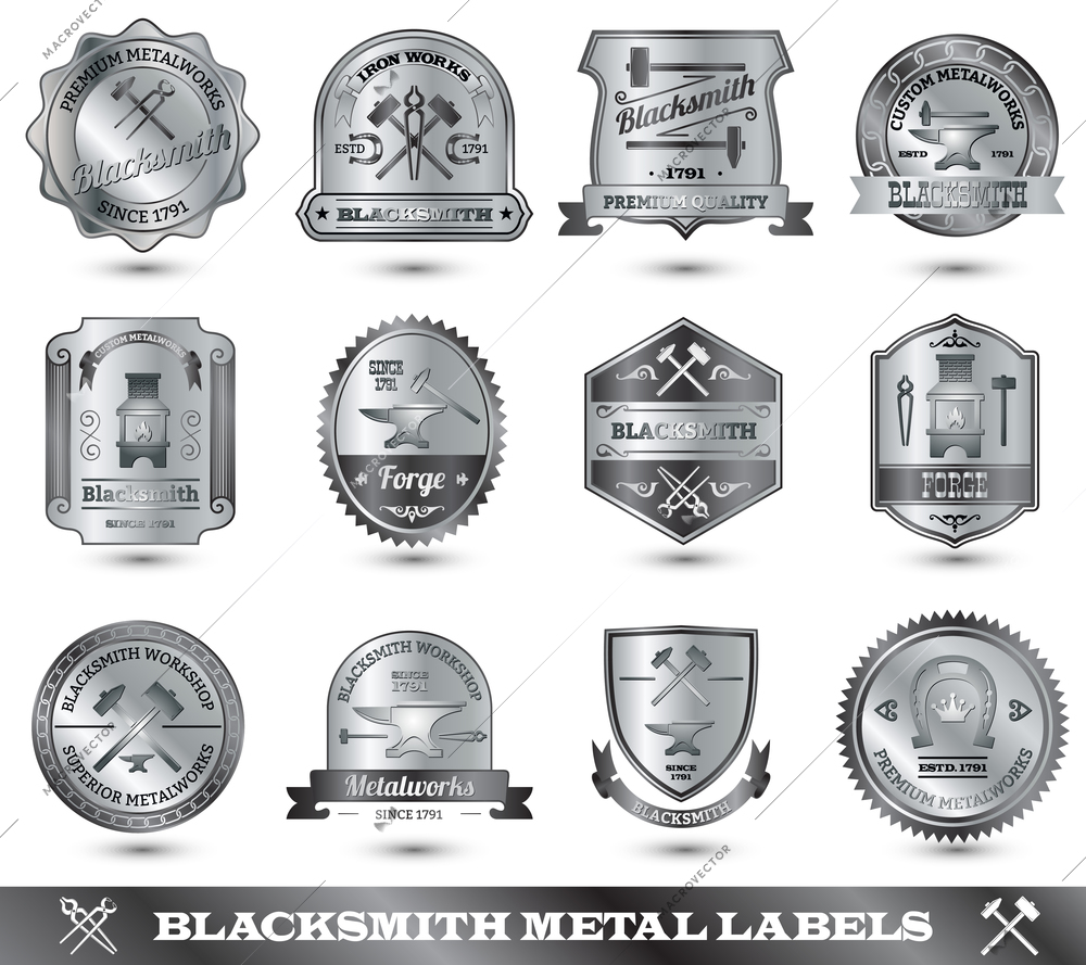 Blacksmith ironwork craft master metal label set isolated vector illustration
