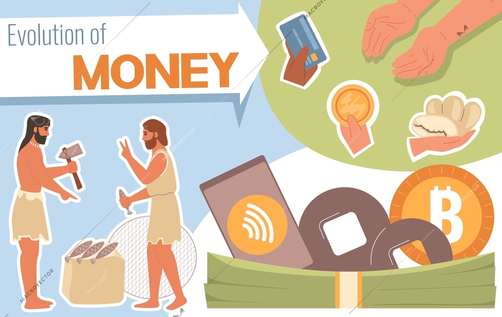 Money evolution flat collage with ancient finance exchange scene vector illustration