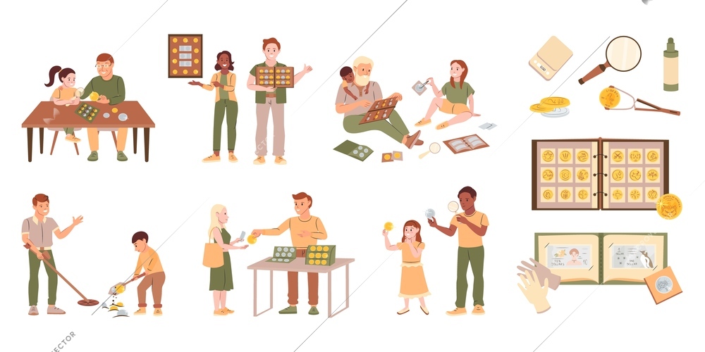 Numismatics flat set with numismatists looking for selling collecting coins isolated vector illustration