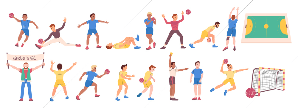 Handball flat set with players in uniform during game referee fan court goalposts isolated vector illustration
