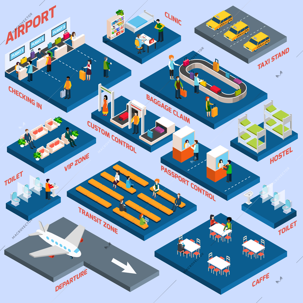 Airport terminal concept with passenger transportation and lounge zone isometric icons vector illustration