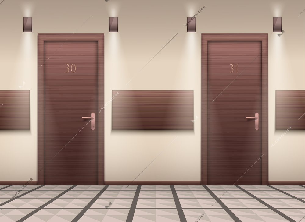 Corridor with doors realistic composition with front view of passage with closed brown doors and numbers vector illustration