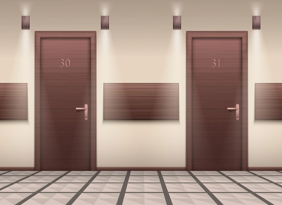 Corridor with doors realistic composition with front view of passage with closed brown doors and numbers vector illustration