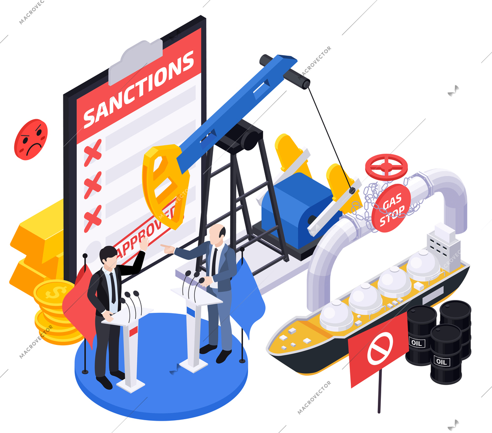 Politicians lawmakers isometric composition with conceptual images of gas pipe oil pump sanctions money and officials vector illustration