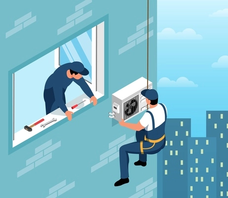 Isometric air conditioning concept with worker men installing cooking system vector illustration