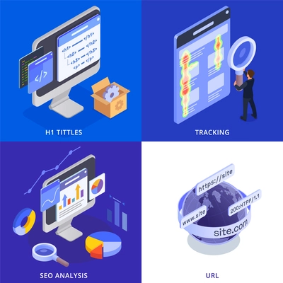 Seo search engine optimization isometric set of four compositions with conceptual icons of earth globe computers vector illustration