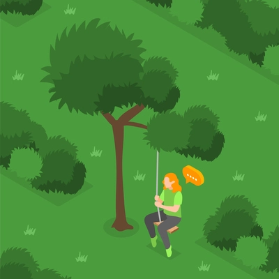 Girl swinging on rope swing in green countryside area isometric background 3d vector illustration