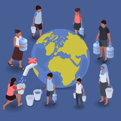 World water scarcity isometric composition with thirsty characters suffering from lack of water vector illustration