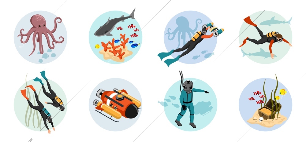 Diving isometric round compositions set of divers aqualungs corals fish octopuses isolated vector illustration