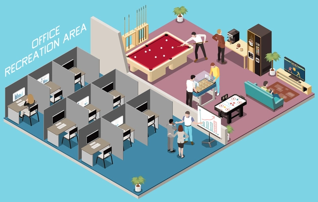 Office recreation facilities isometric composition with isolated view of big office with cubicle workplaces and lobby vector illustration