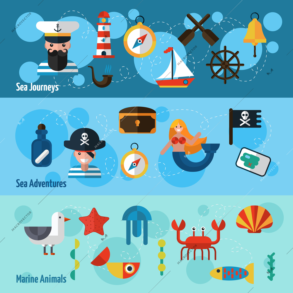 Nautical horizontal banners set with sea adventures and marine animals elements isolated vector illustration