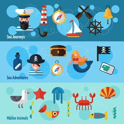 Nautical horizontal banners set with sea adventures and marine animals elements isolated vector illustration