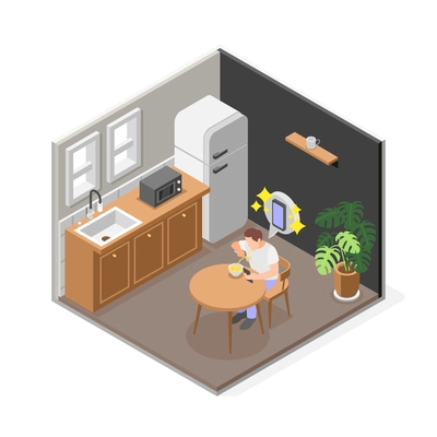 Excess spending isometric composition with isolated kitchen scenery and eating man dreaming of purchasing new phone vector illustration