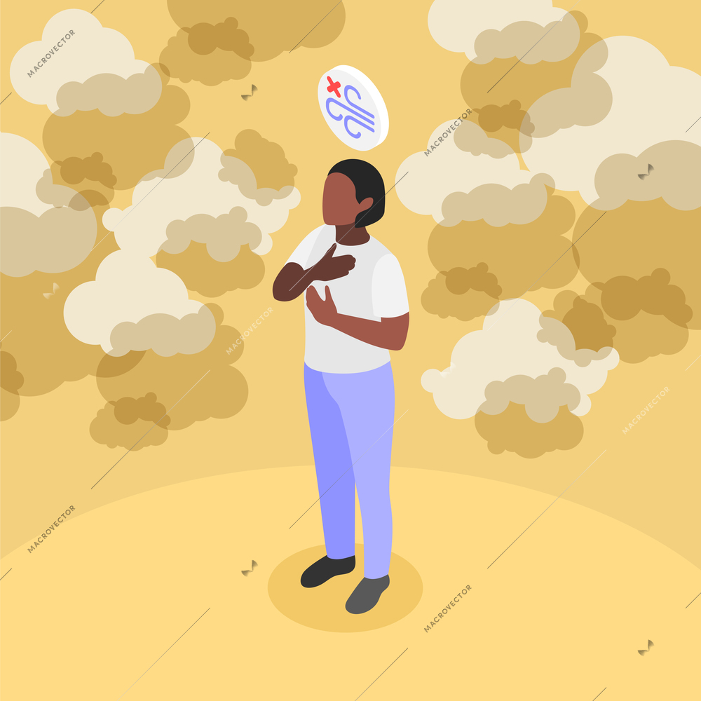 Asthma symptoms and treatment isometric background composition with suffering black woman surrounded by clouds of smoke vector illustration