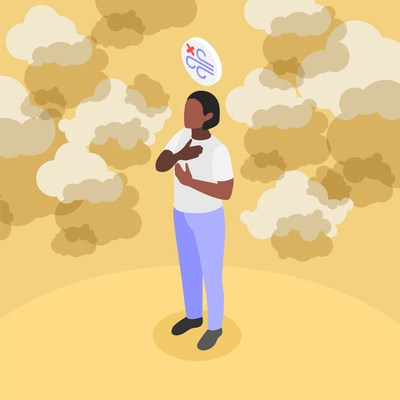 Asthma symptoms and treatment isometric background composition with suffering black woman surrounded by clouds of smoke vector illustration