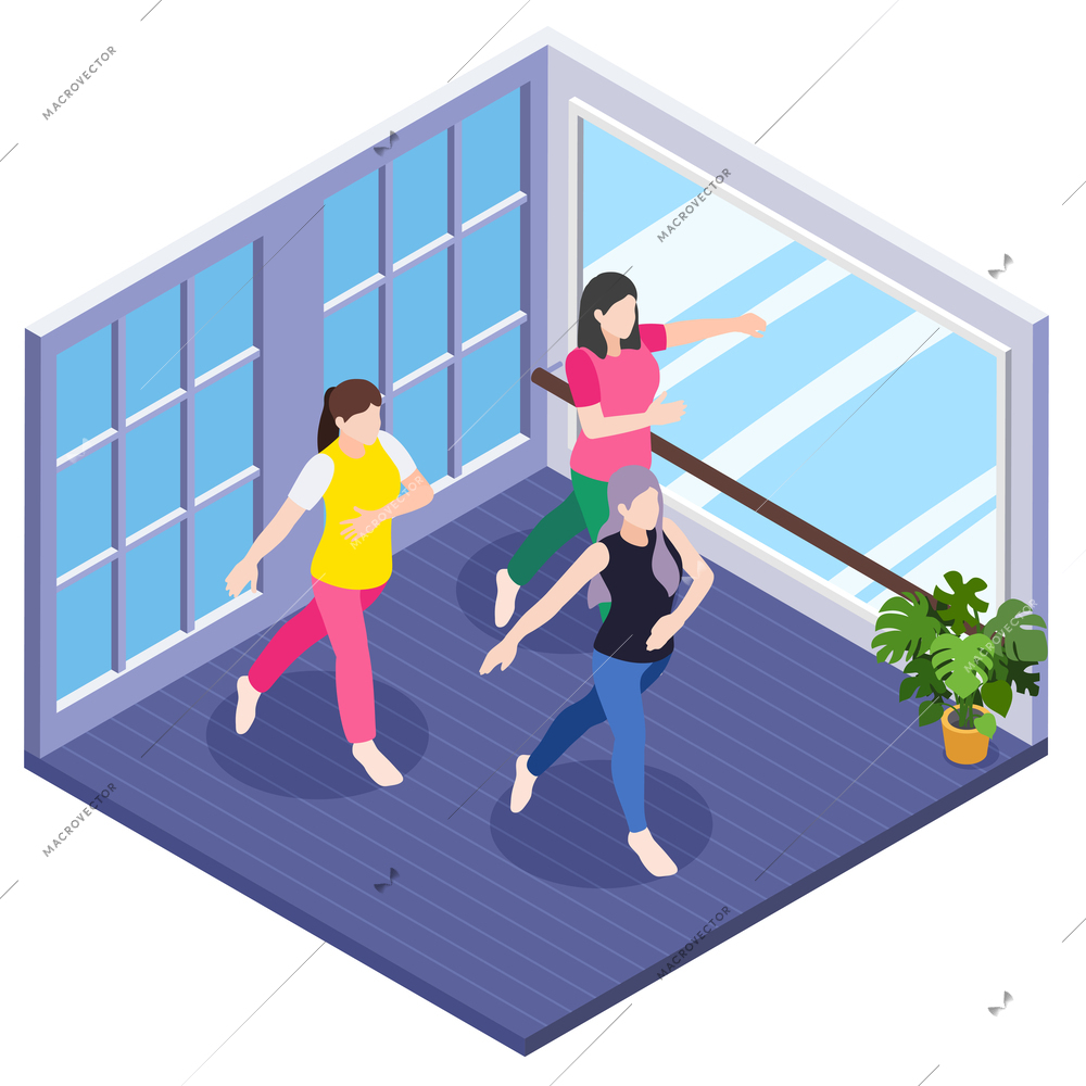 Master class workshop group learning practice isometric composition with isolated view of dancing room with dancers vector illustration