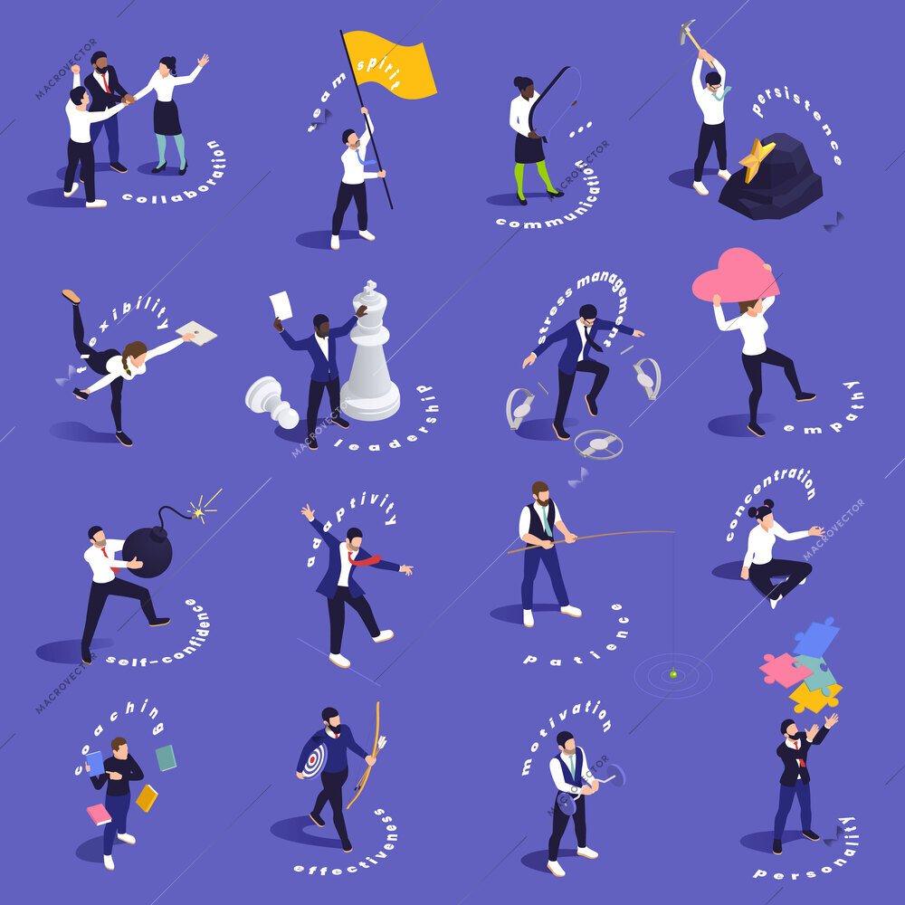 People demonstrating various soft skills isometric conceptual icons set isolated on violet background vector illustration