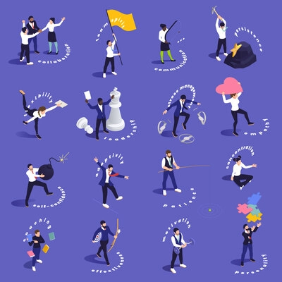 People demonstrating various soft skills isometric conceptual icons set isolated on violet background vector illustration