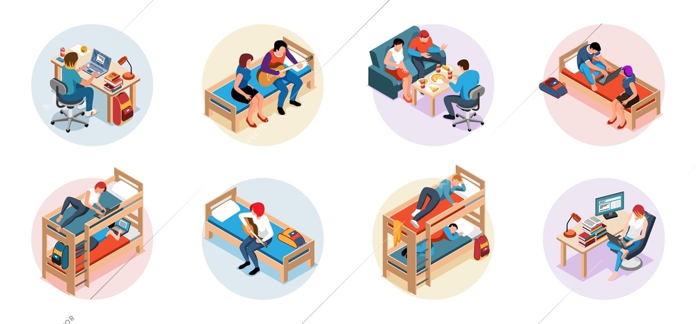 Student dormitory isometric round compositions with teens studying resting doing homework sleeping isolated vector illustration