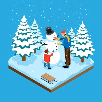 Winter isometric background with father and his little child sculpting snowman in spruce forest vector illustration