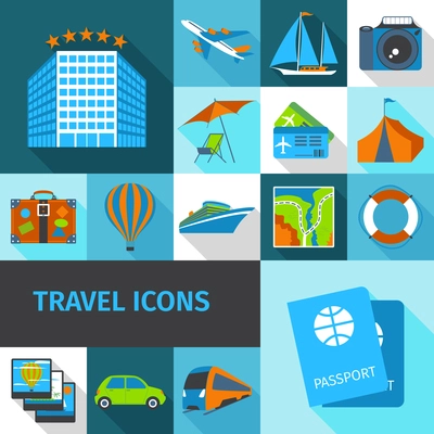 Travel tourism and vacation decorative icons set with tickets hotel ship isolated vector illustration