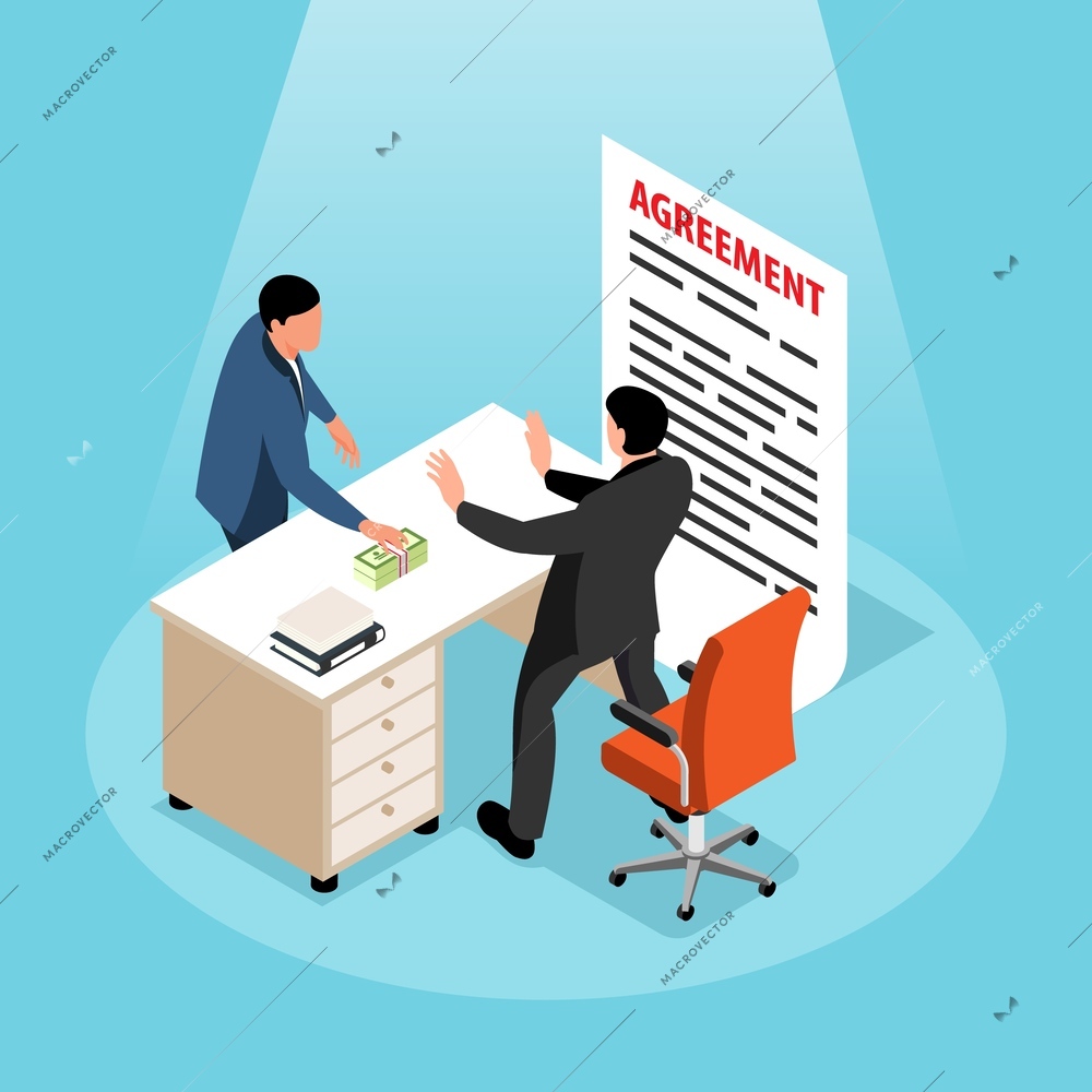 Money laundering isometric background with official male character refusing bribe offered by businessman vector illustration