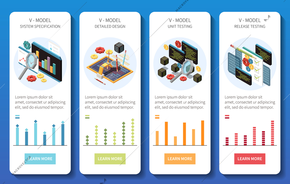 V model software development isometric set of vertical banners with code and gear icons clickable buttons vector illustration