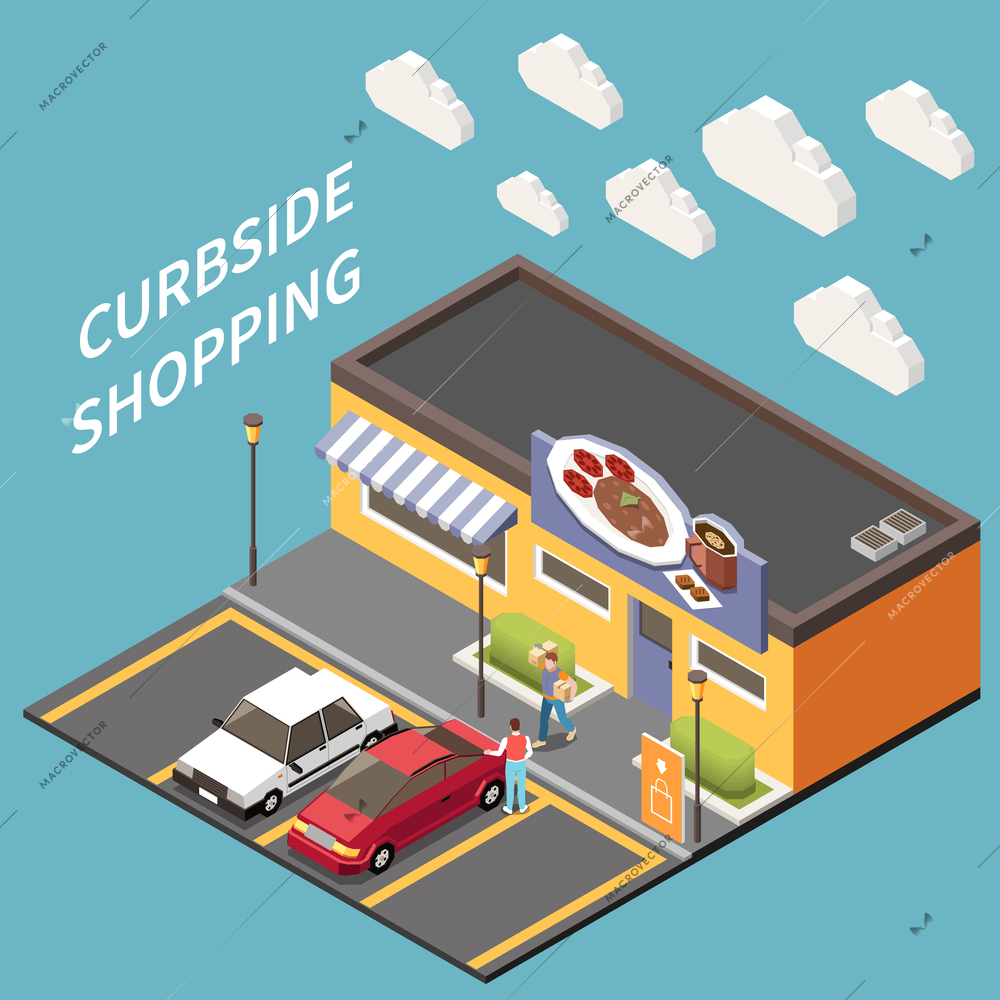 Curbside pickup drive thru drive through isometric composition with isolated view of cafe storefront parking lot vector illustration