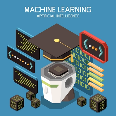 Machine learning isometric composition with text and cubes with code robotic head chip with academic hat vector illustration