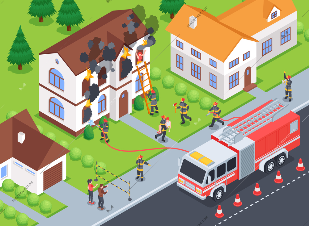 Isometric firefighter composition with outdoor town scenery fire truck and firemen putting fire out of house vector illustration