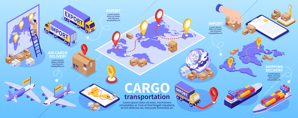 Isometric export import infographics with editable text routes destination points trucks ships airplanes and warehouse workers vector illustration