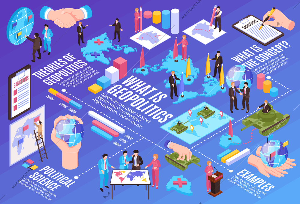 Isometric geopolitics horizontal composition of conceptual icons characters of politicians infographic bar charts elements and text vector illustration