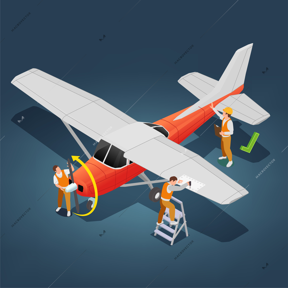 Aircraft service isometric concept with retro airplane maintenance vector illustration