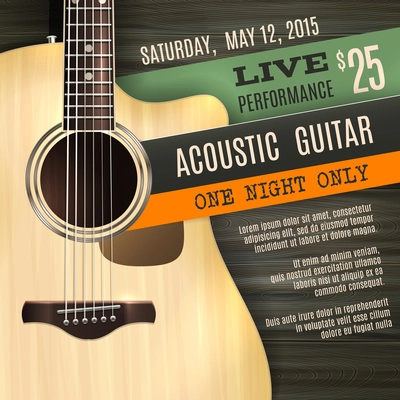 Indie musician concert show poster with acoustic guitar vector illustration