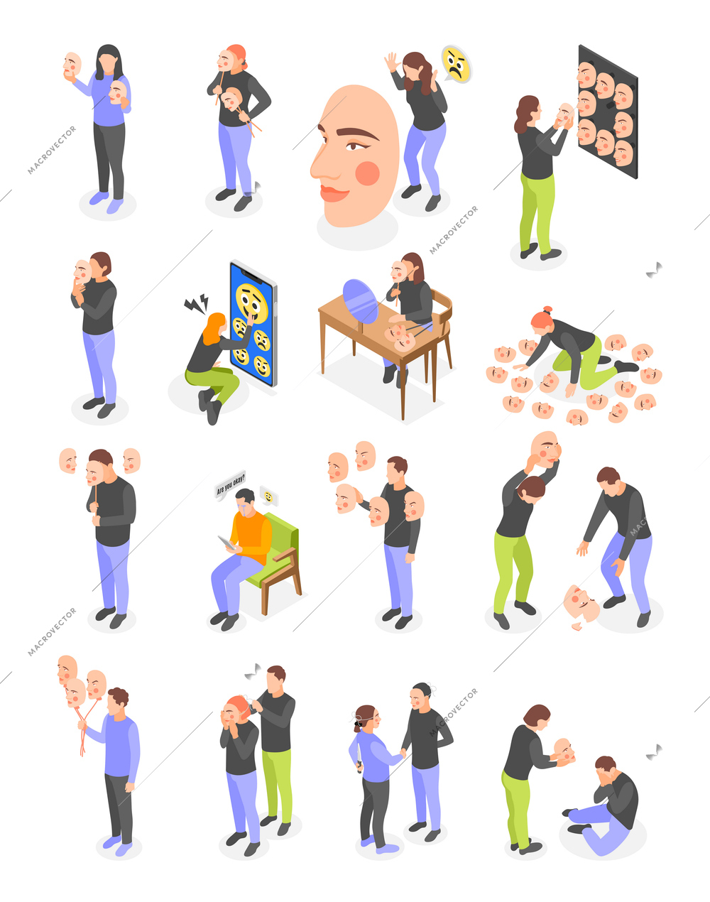 People wearing social masks disguising real emotions isometric icons set isolated vector illustration