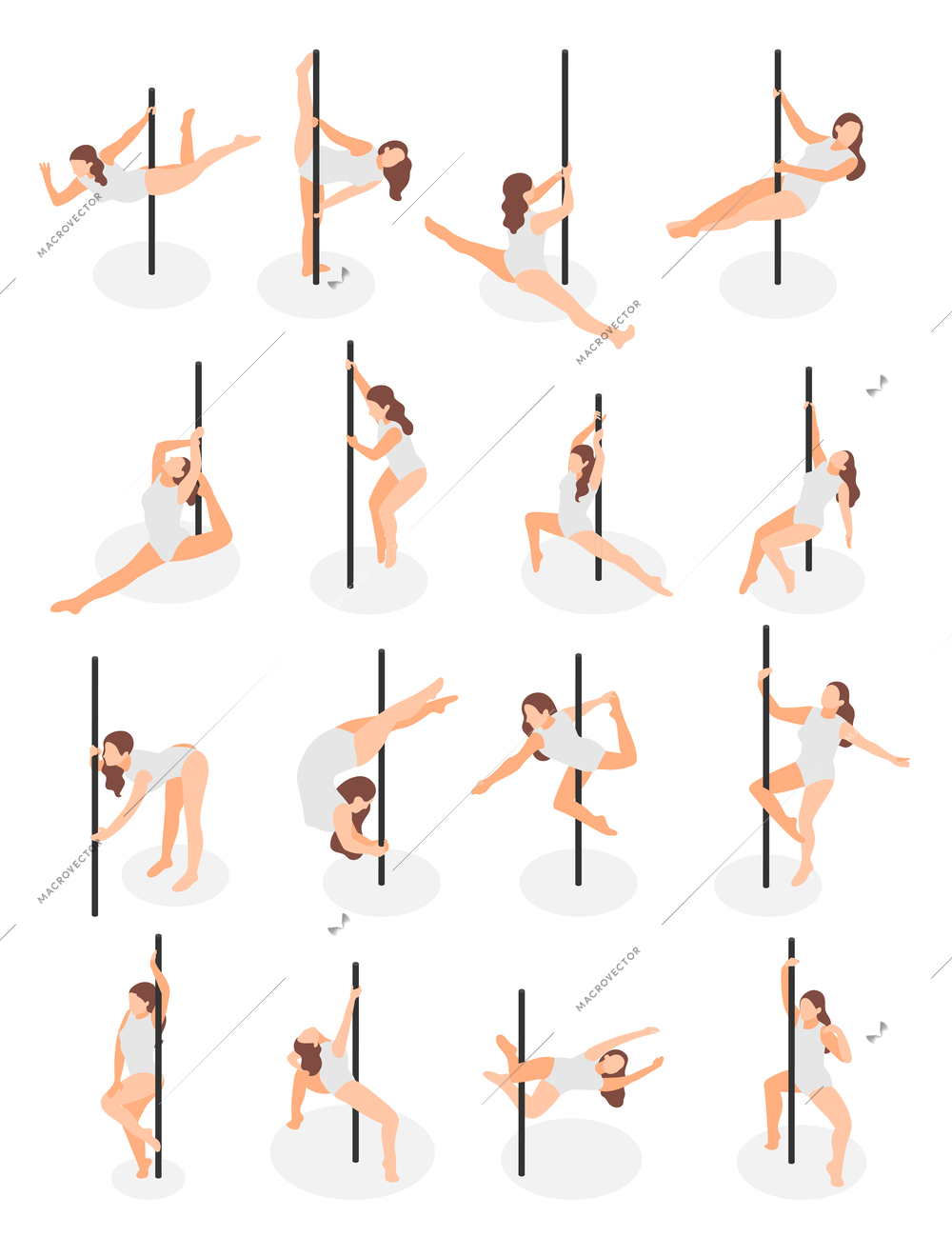 Female pole dance performers in various positions isometric icons set isolated vector illustration