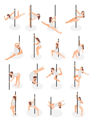 Female pole dance performers in various positions isometric icons set isolated vector illustration