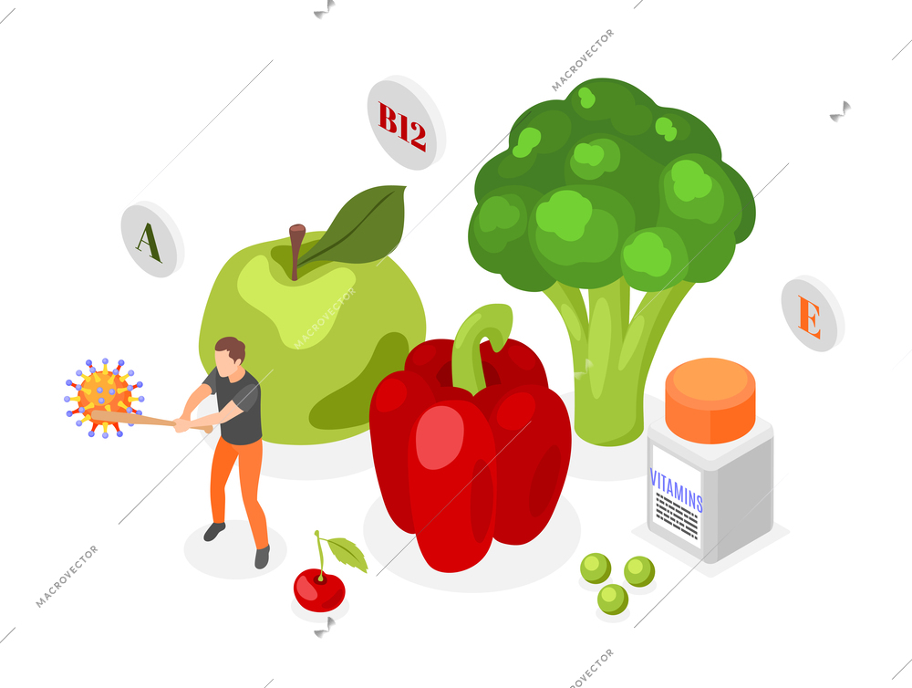 Immune system boost healthy nutrition isometric composition with vegetables fruit bottle of vitamins and man fighting virus vector illustration