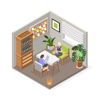 Social insurance isometric composition with senior woman getting benefits in office vector illustration