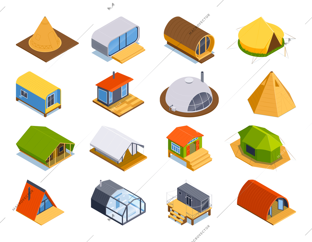 Isometric glamping set of isolated eco houses tents and modern style outdoor buildings on blank background vector illustration