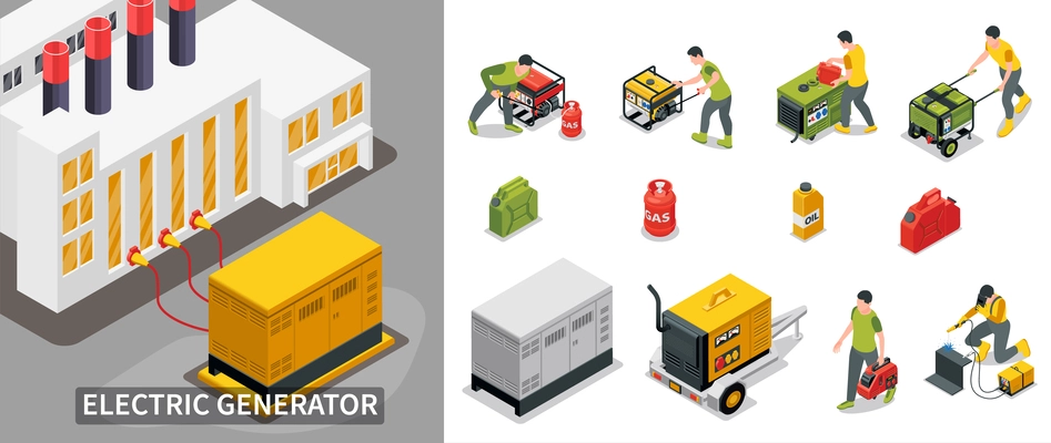 Electric generator composition with battery and power source symbols isometric isolated vector illustration