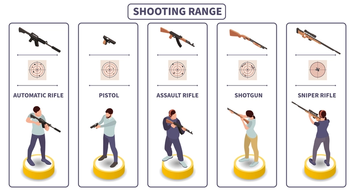 Shooting range infographic set with automatic and assault rifle symbols isometric vector illustration