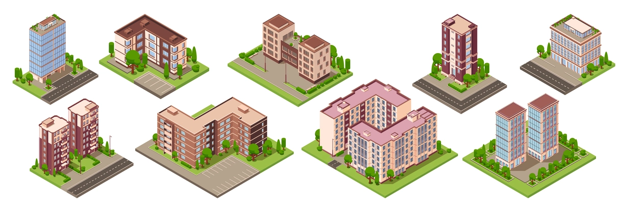 City buildings isometric set with isolated icons of modern residential houses with yards on blank background vector illustration