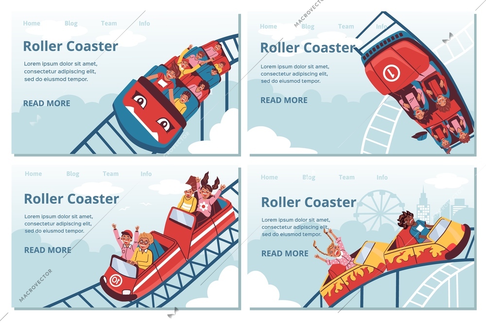 Roller coaster flat set with isolated landing pages clickable links text and people taking amusement rides vector illustration